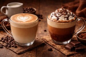 カフェラテとカフェモカを並べて比較したコーヒードリンク