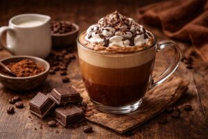 ホイップクリームとチョコレートをのせたカフェモカのコーヒードリンク