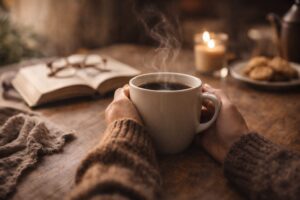 やわらかな自然光が差し込む室内で、両手でコーヒーカップを持ちながらくつろぐひとときの風景