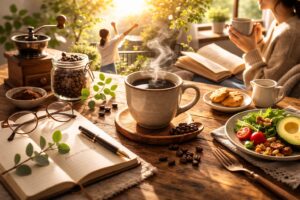 湯気の立つコーヒーカップを中心に、ノートやサラダ、読書やリラックスする人物が柔らかな光に包まれたライフスタイル風景