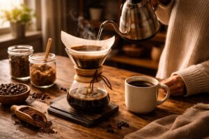 キッチンでハンドドリップでコーヒーを淹れている様子と、横に置かれたマグカップやコーヒー豆のある温かな風景
