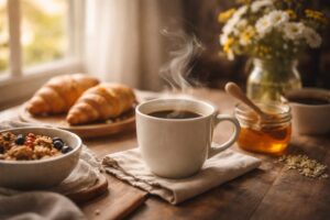 朝の柔らかな光が差し込む窓辺のテーブルに置かれた湯気の立つコーヒーカップと朝食の風景